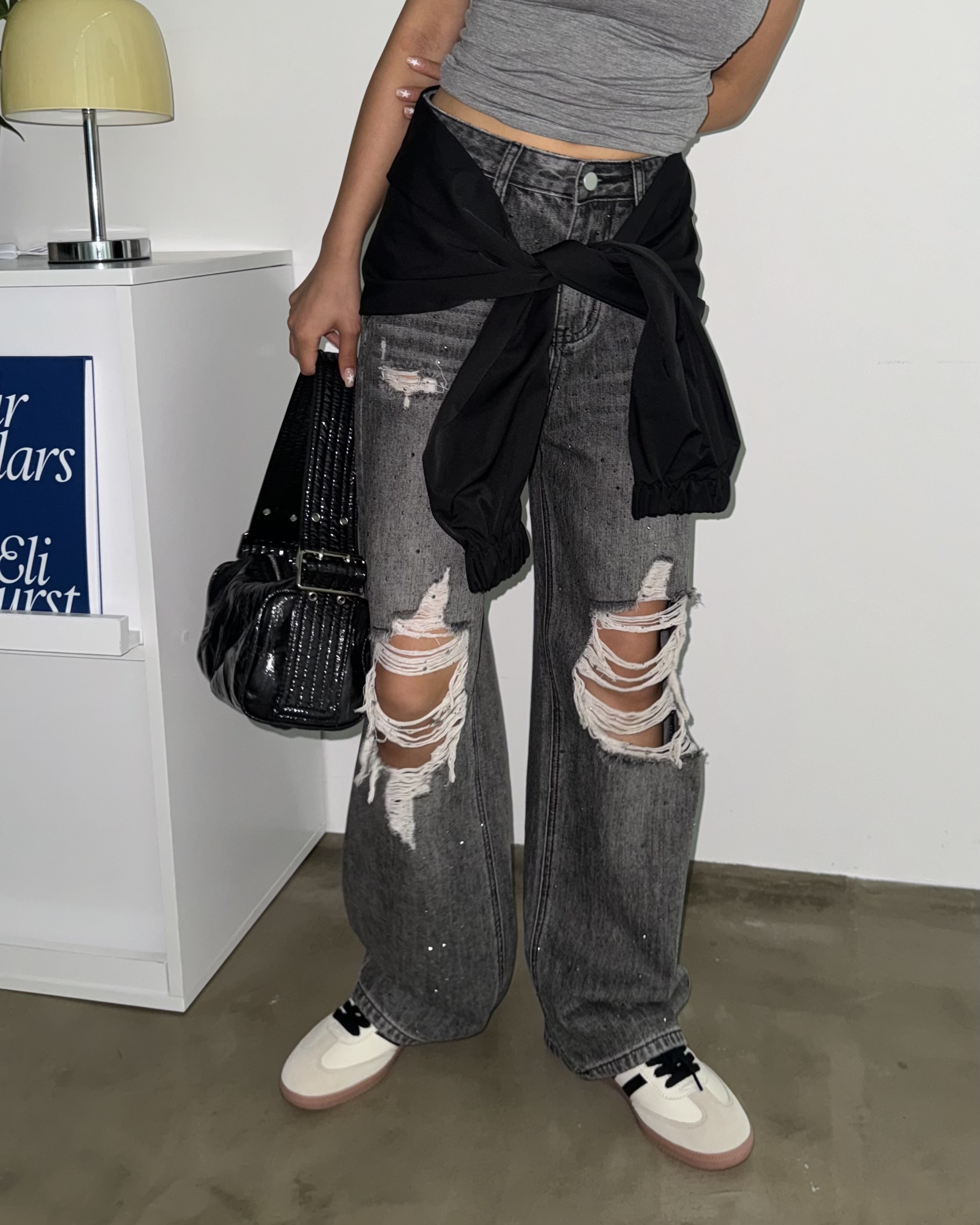 オーロラストーン付き ダメージ入りヴィンテージルーズデニムパンツ