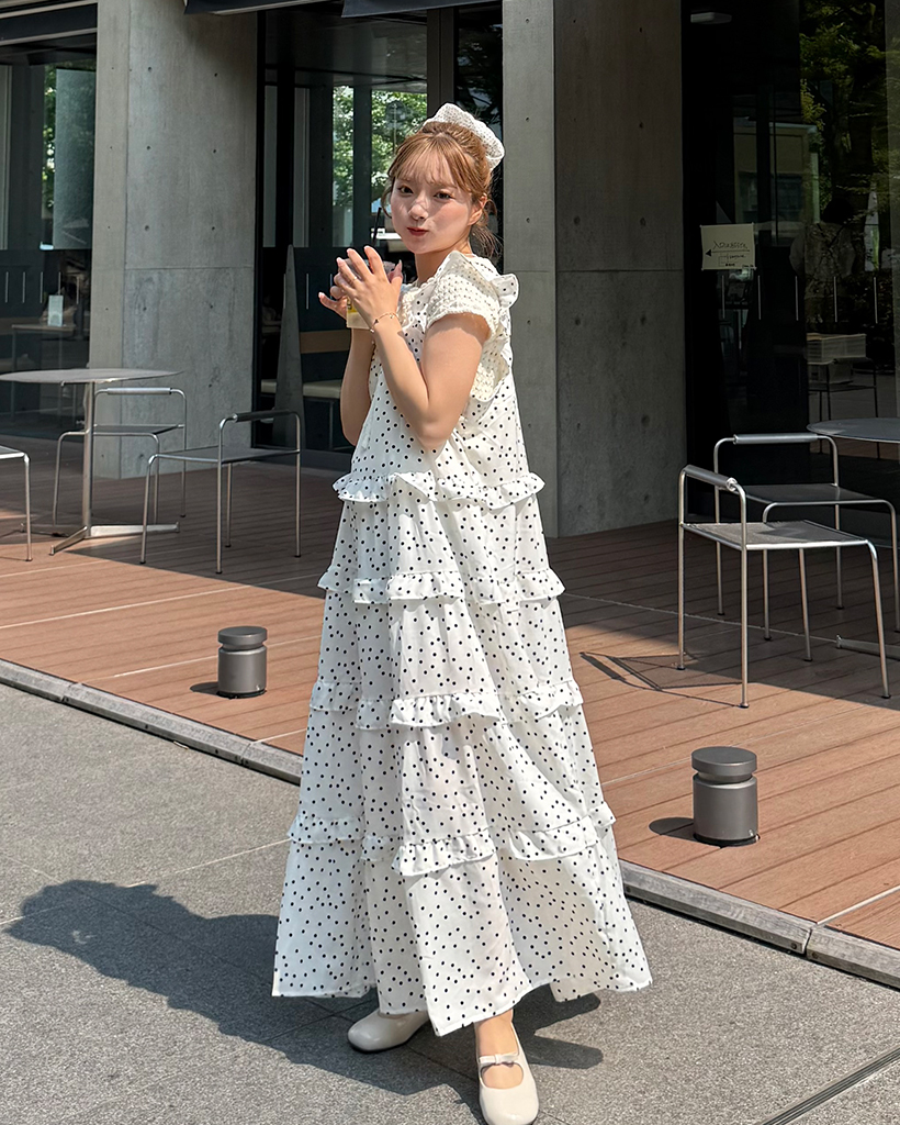日本未入荷★Karen Millen ドット柄フリルマキシワンピース ドットノースリーブフリルマキシワンピース | ファッション通販