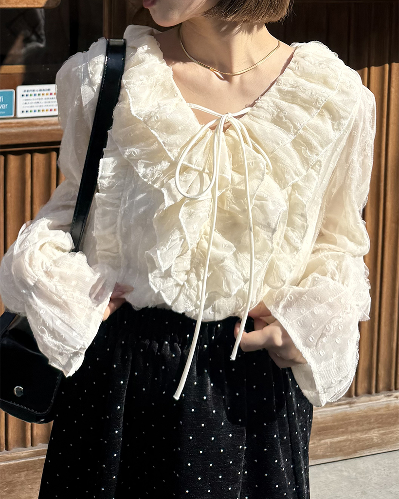 ドットチュールⅤネックフリルブラウス