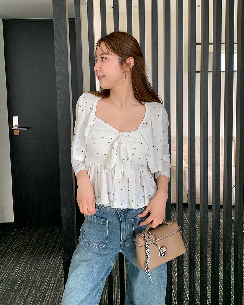 バストリボンドットノースリーブ＆カーディガンセット