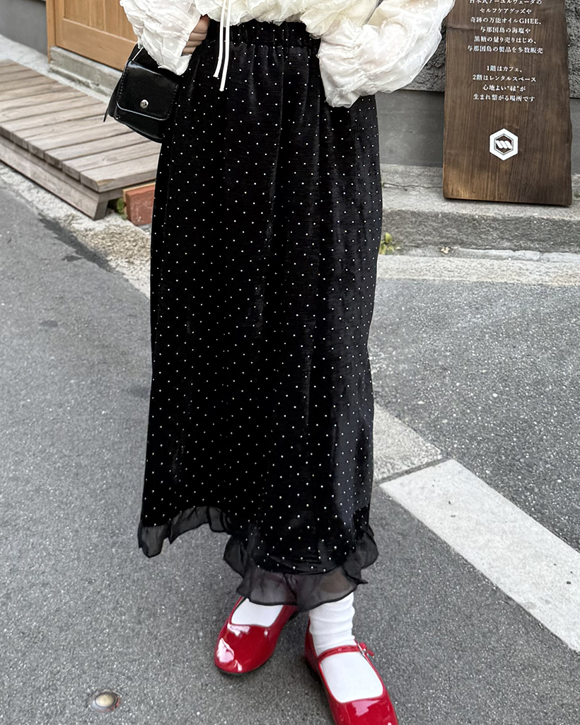 ピンドットフリルヘムベルベットスカート