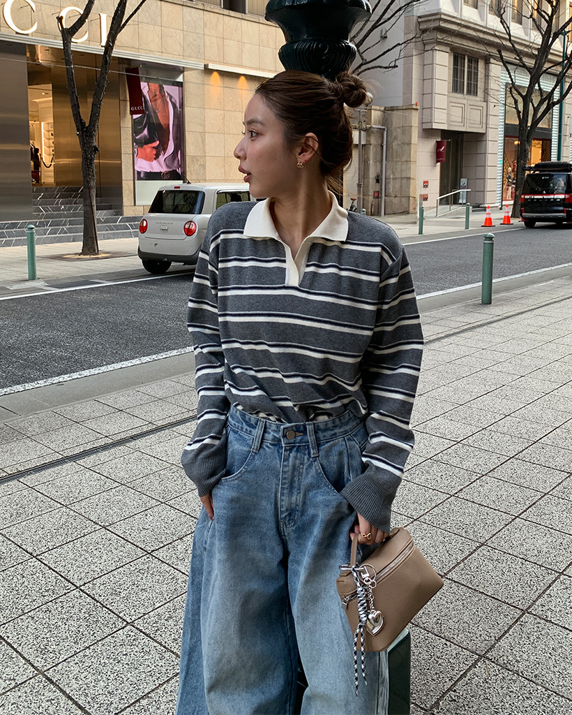 オープンカラーボーダー配色ニット