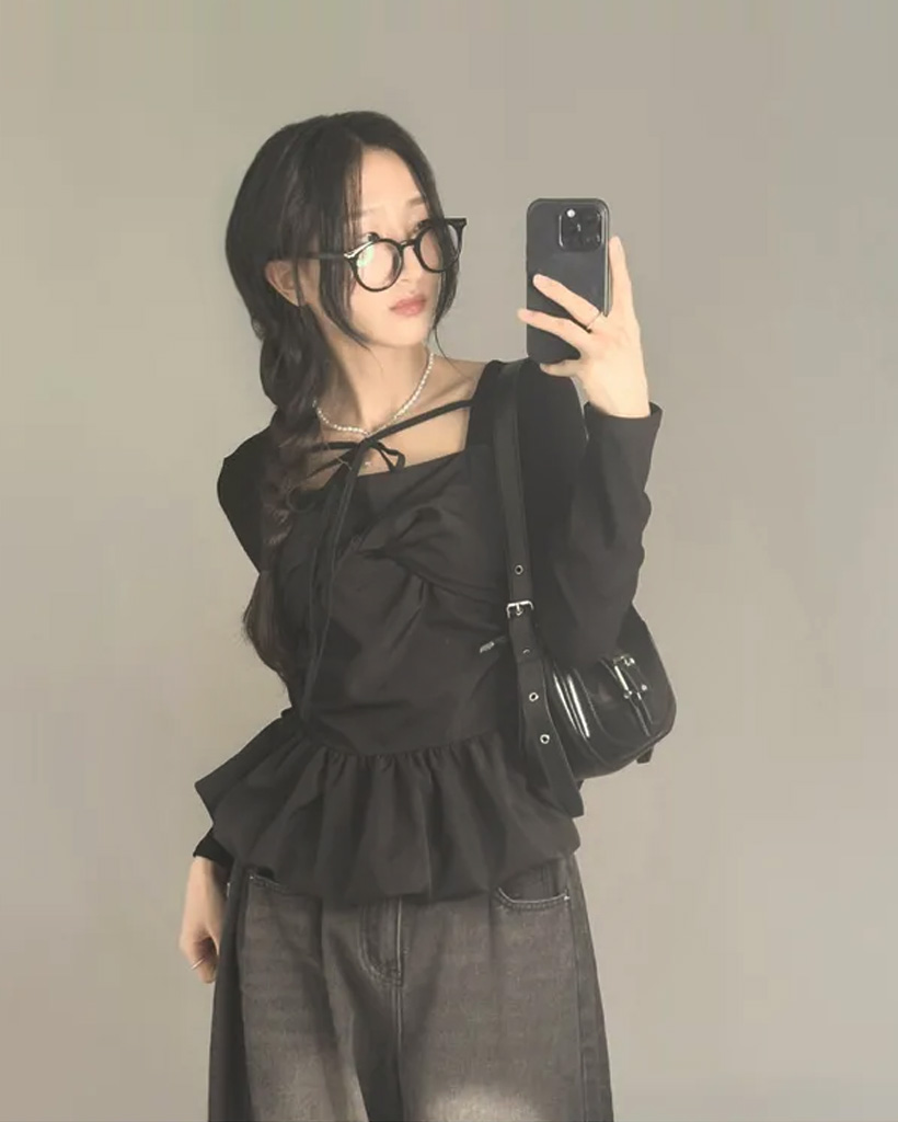 バレエコアリボンレイヤードスクエアネックブラウス