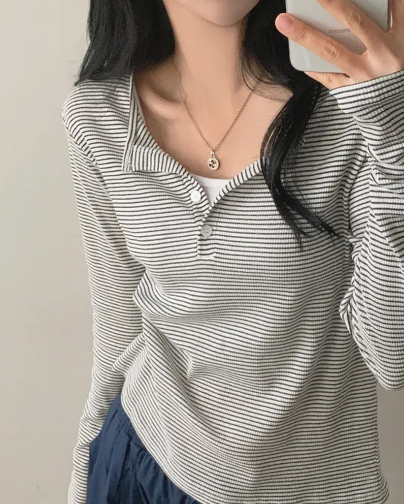 ストライプ ボーダーボタンシースルー長袖ｔシャツ
