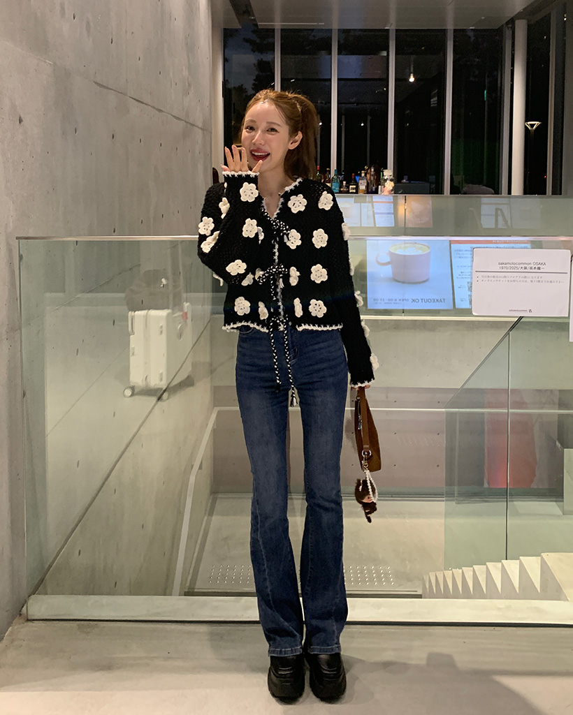 ビックフラワーポイント編みニットカーディガン | ファッション通販