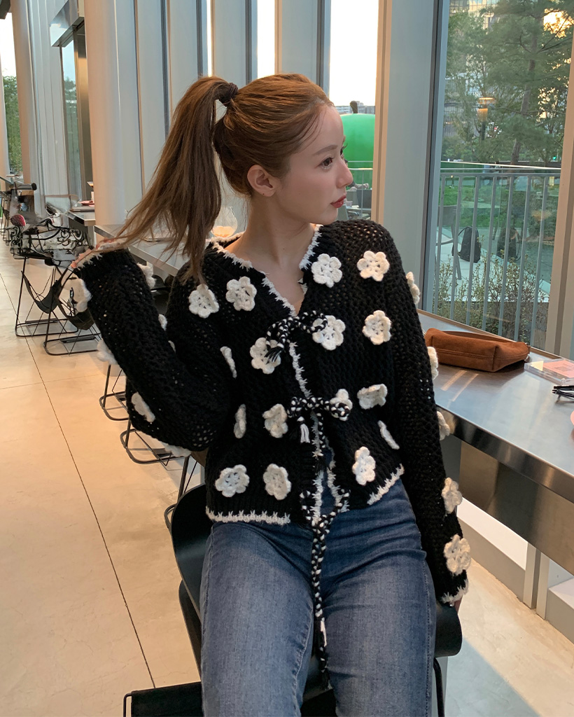 ビックフラワーポイント編みニットカーディガン | ファッション通販