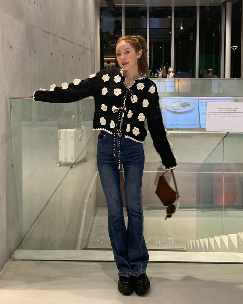 ビックフラワーポイント編みニットカーディガン | ファッション通販