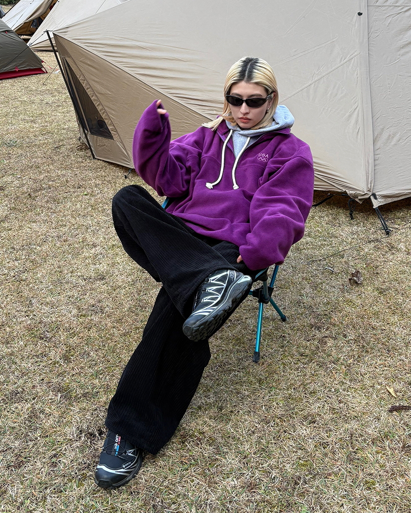 USAステッチハイネックハーフジップフリースプルオーバー