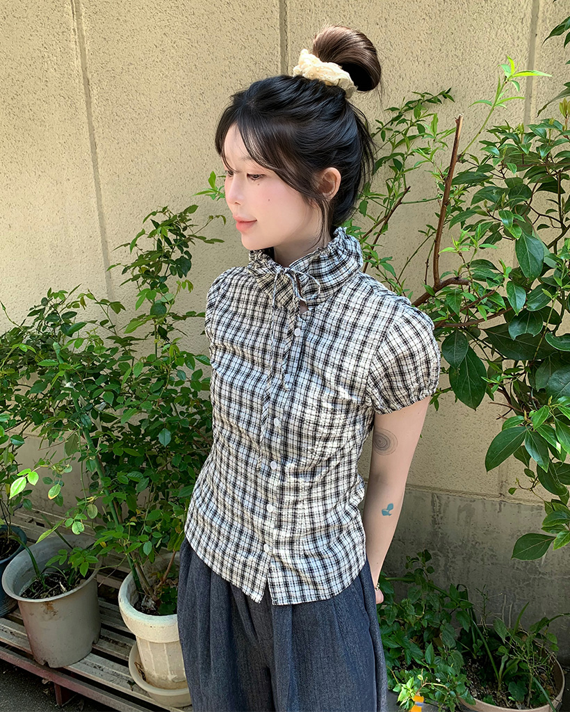 (ORIGINAL) 2wayチェックドローストリングブラウス