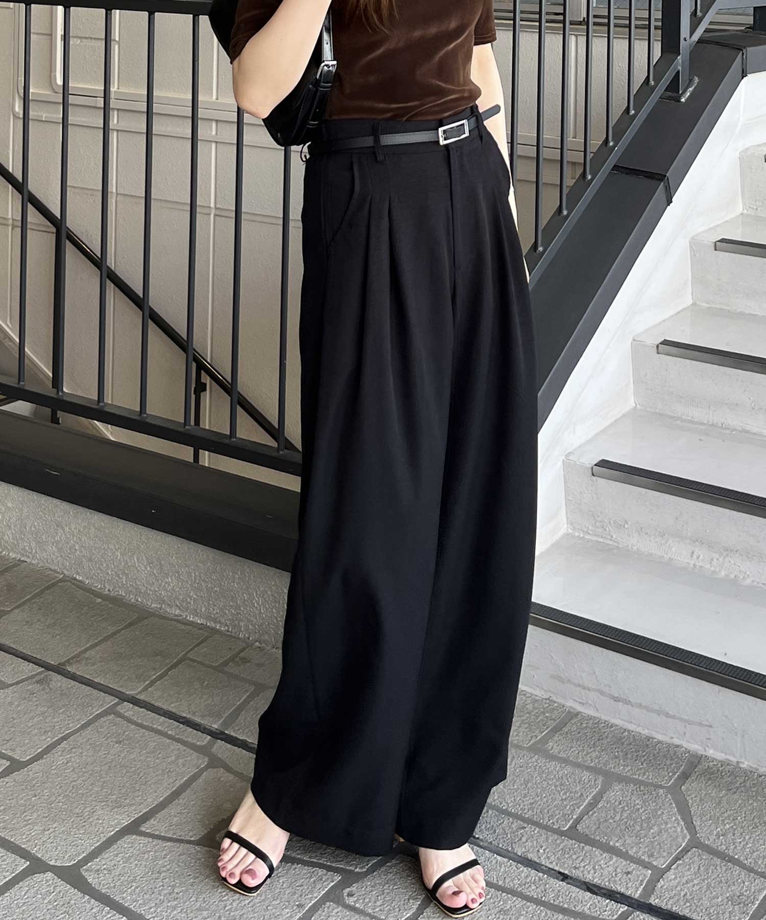 ハイウエストスラックスタックワイドパンツ | ファッション通販サイト NUGU