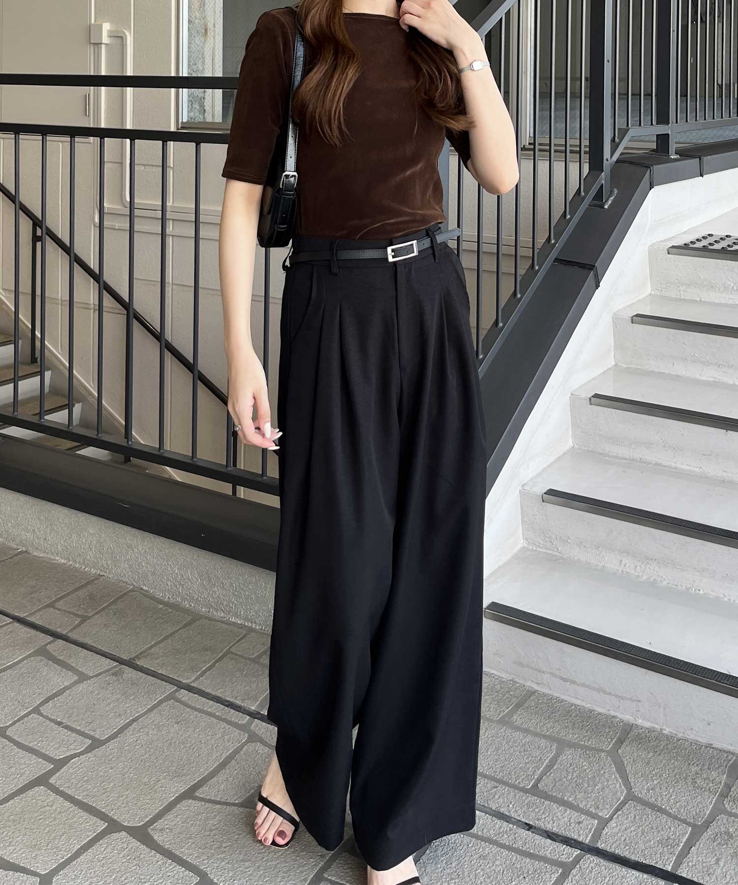 ハイウエストスラックスタックワイドパンツ | ファッション通販サイト NUGU