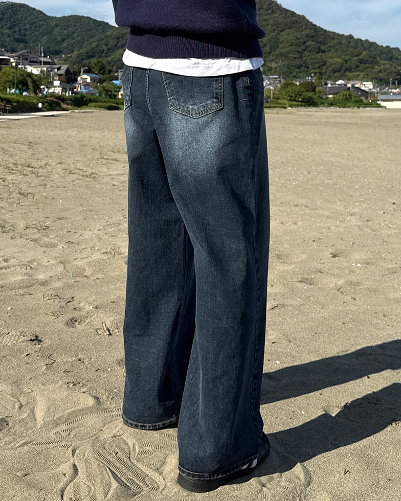 ヒゲウォッシュストレートワイドデニムパンツ | ファッション通販