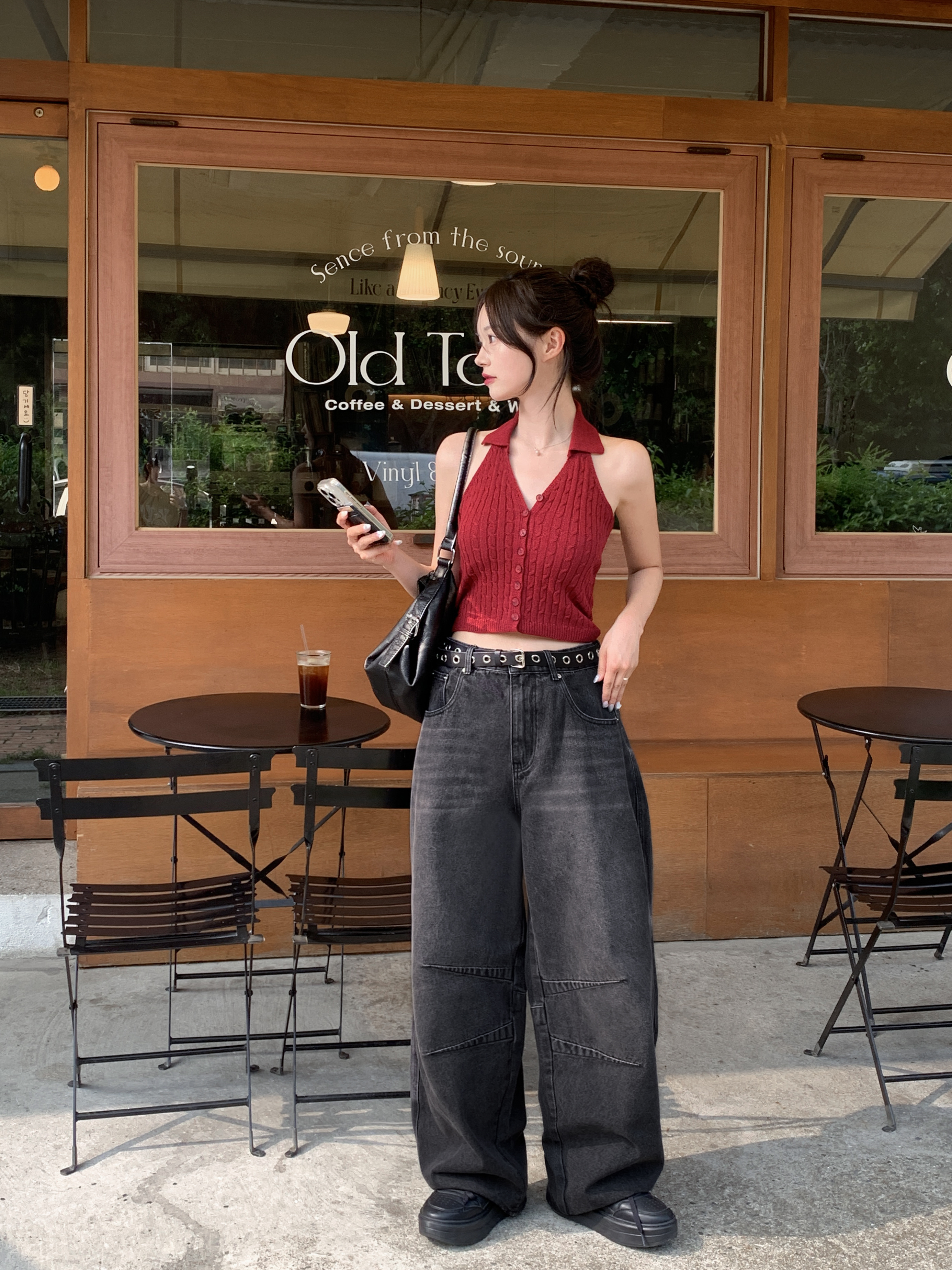 UNISEX]ハーフウォッシュスリットワイドデニムパンツ