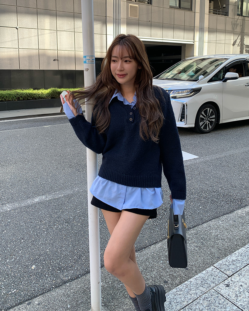 シンプルシャツレイヤードニット