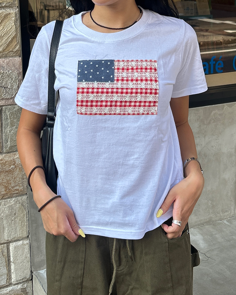 ギンガムレースアメリカンセミクロップドハーフTシャツ