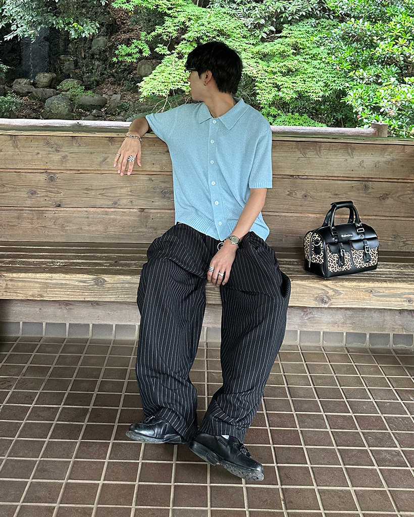 ユニセックス）ストライプワイドフィットスラックス