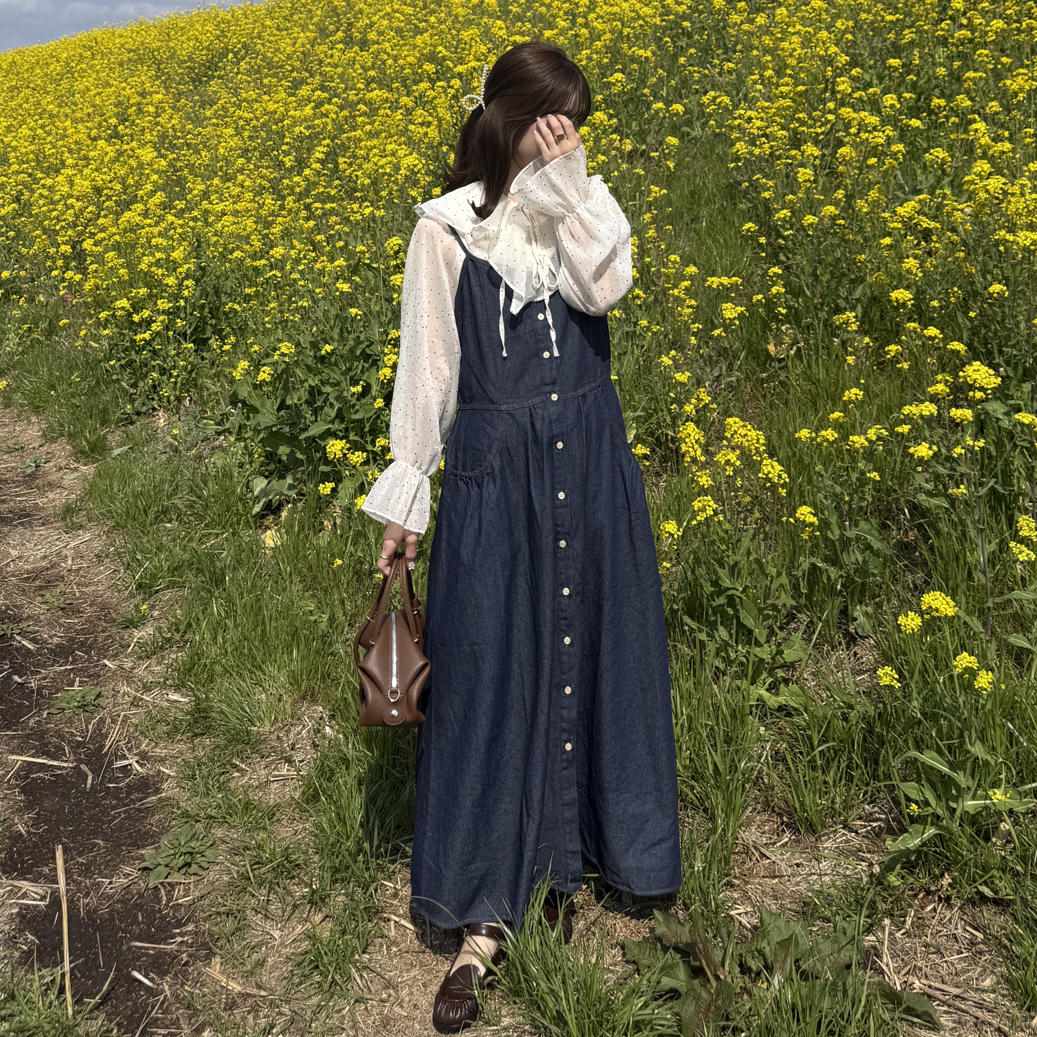 デニムボタンスリーブレスロングワンピース