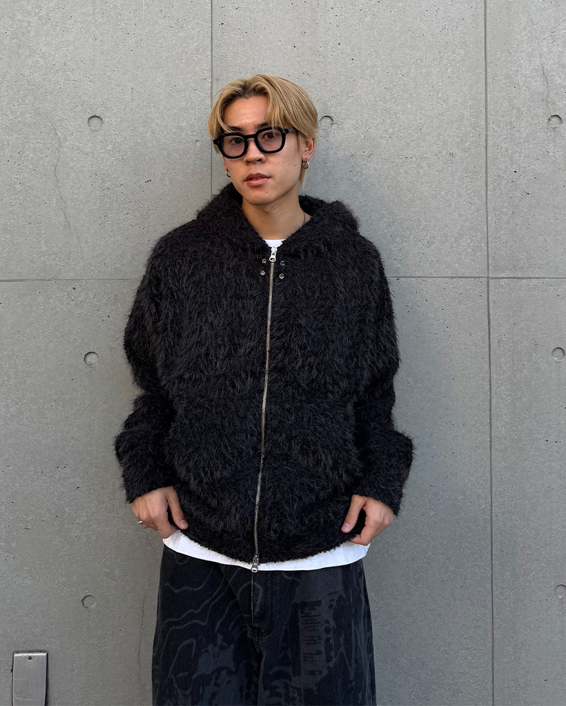 （ユニセックス）ファーファスナーフード付きカーディガン