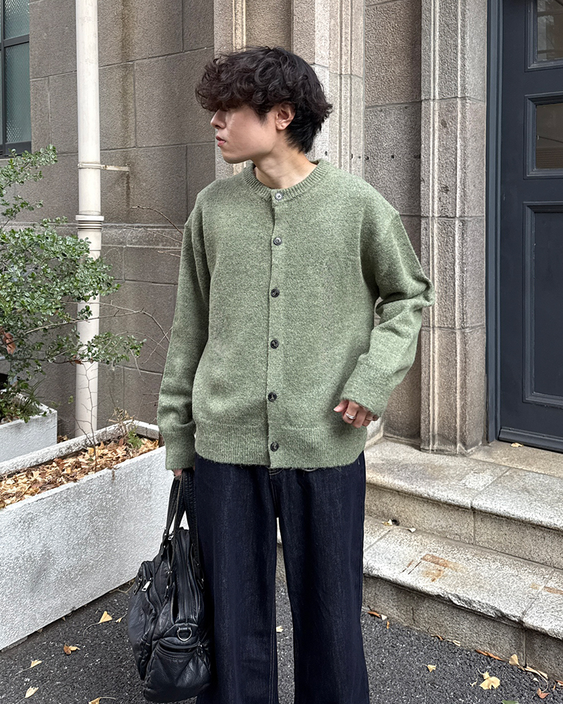 ラウンドネックウールミックスニットカーディガン