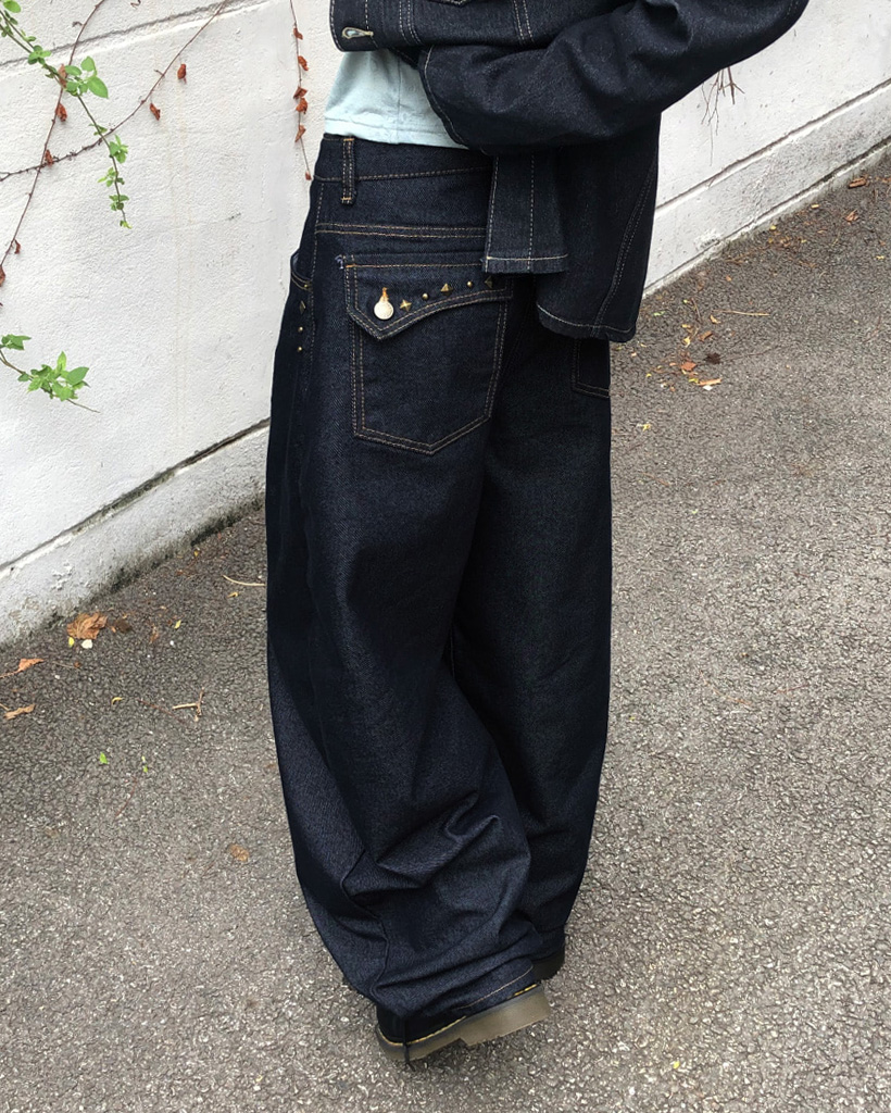 スタッズポケットワイドデニムパンツ | ファッション通販サイト NUGU