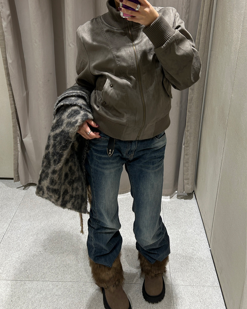 リブハイネックスウェードジップジャケット