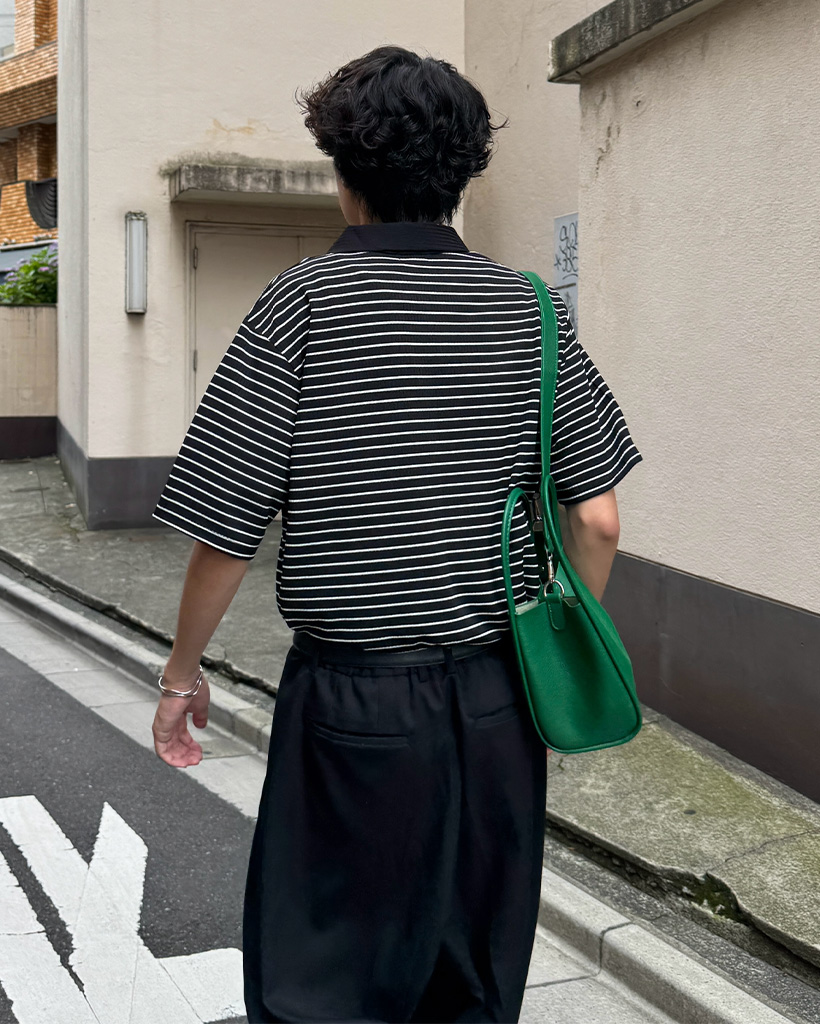 ユニセックス）ストライプオープンカラー半袖Tシャツ