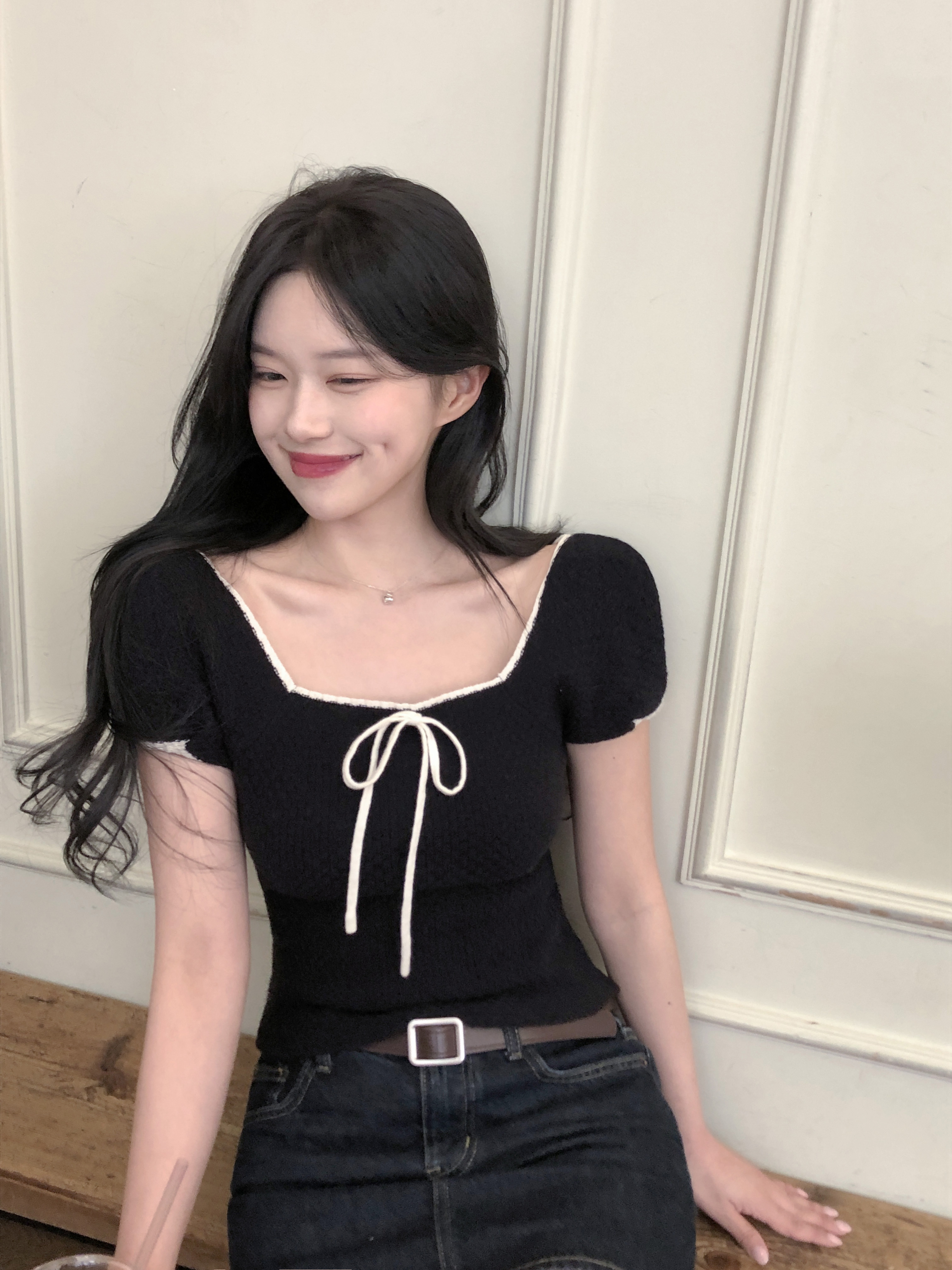 美品 Rene ルネ 袖リボン ポロニット バイカラー 半袖 36 リボンバイカラー半袖ニット | ファッション通販サイト NUGU