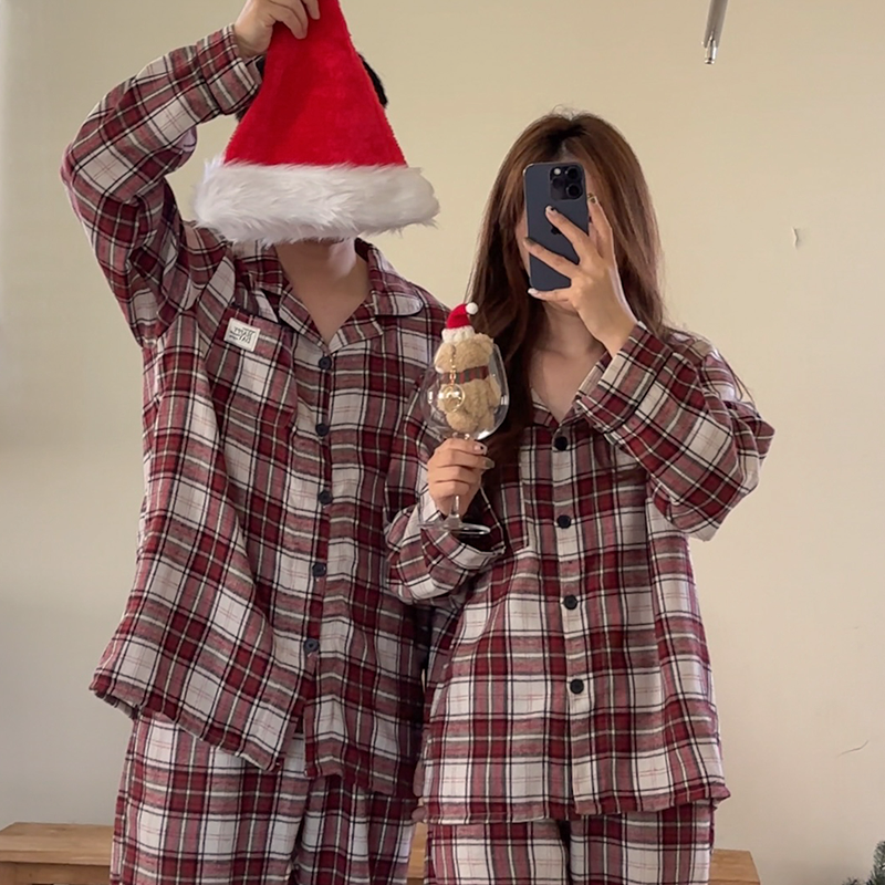 [2color]ピーチ起毛クリスマスチェック長袖パジャマセット