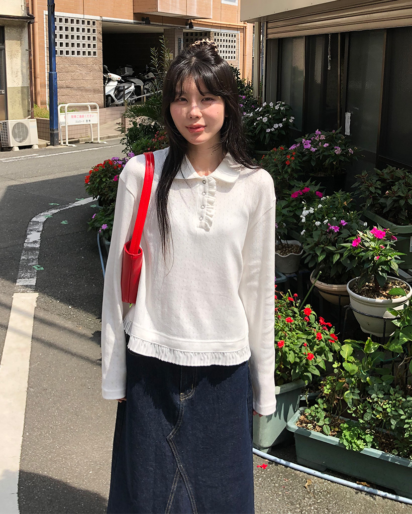 トップス oheshio round collar frill long t-shirt トップス oheshio round collar frill long t-shirt ROUND