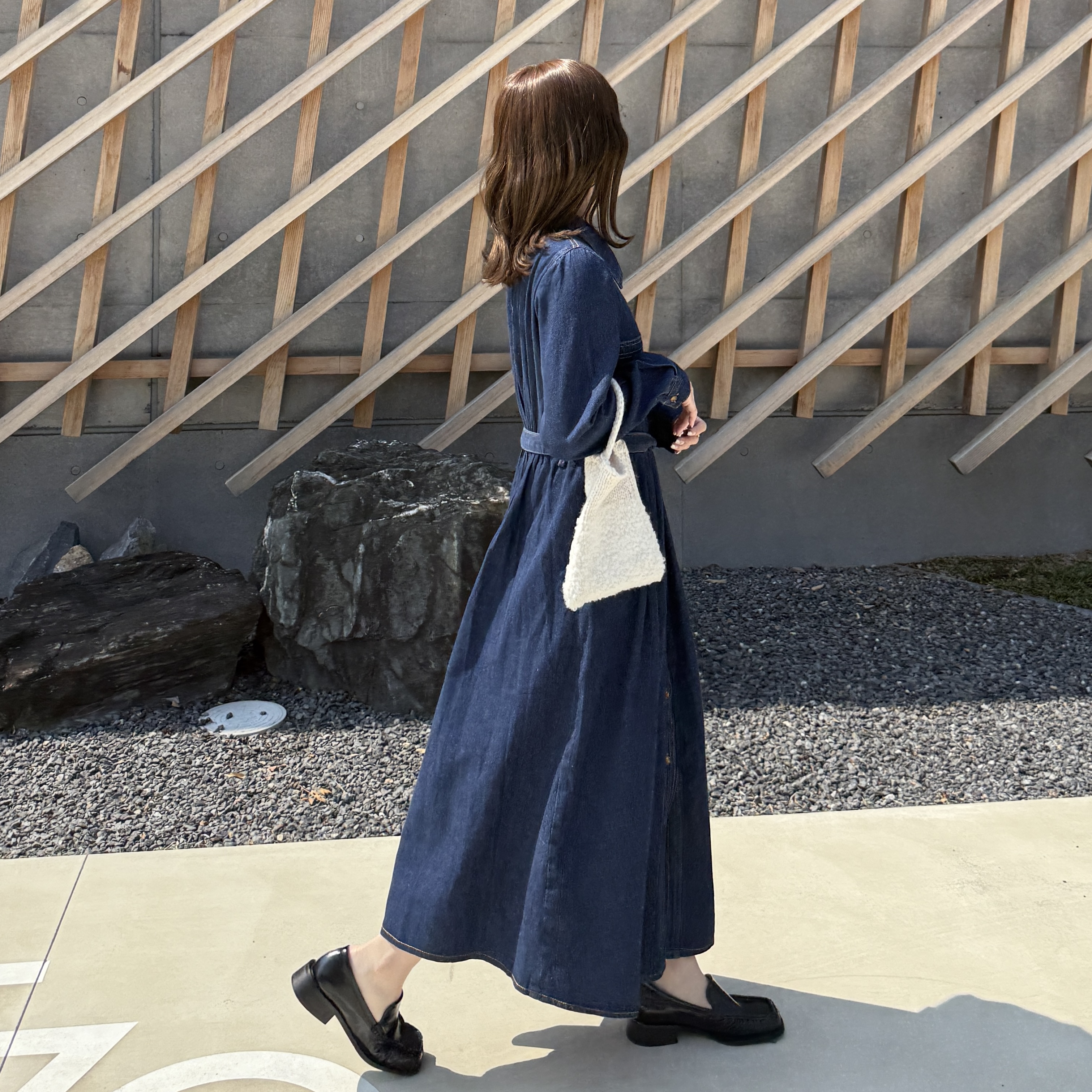 ステッチウエストストリングデニムロングワンピース