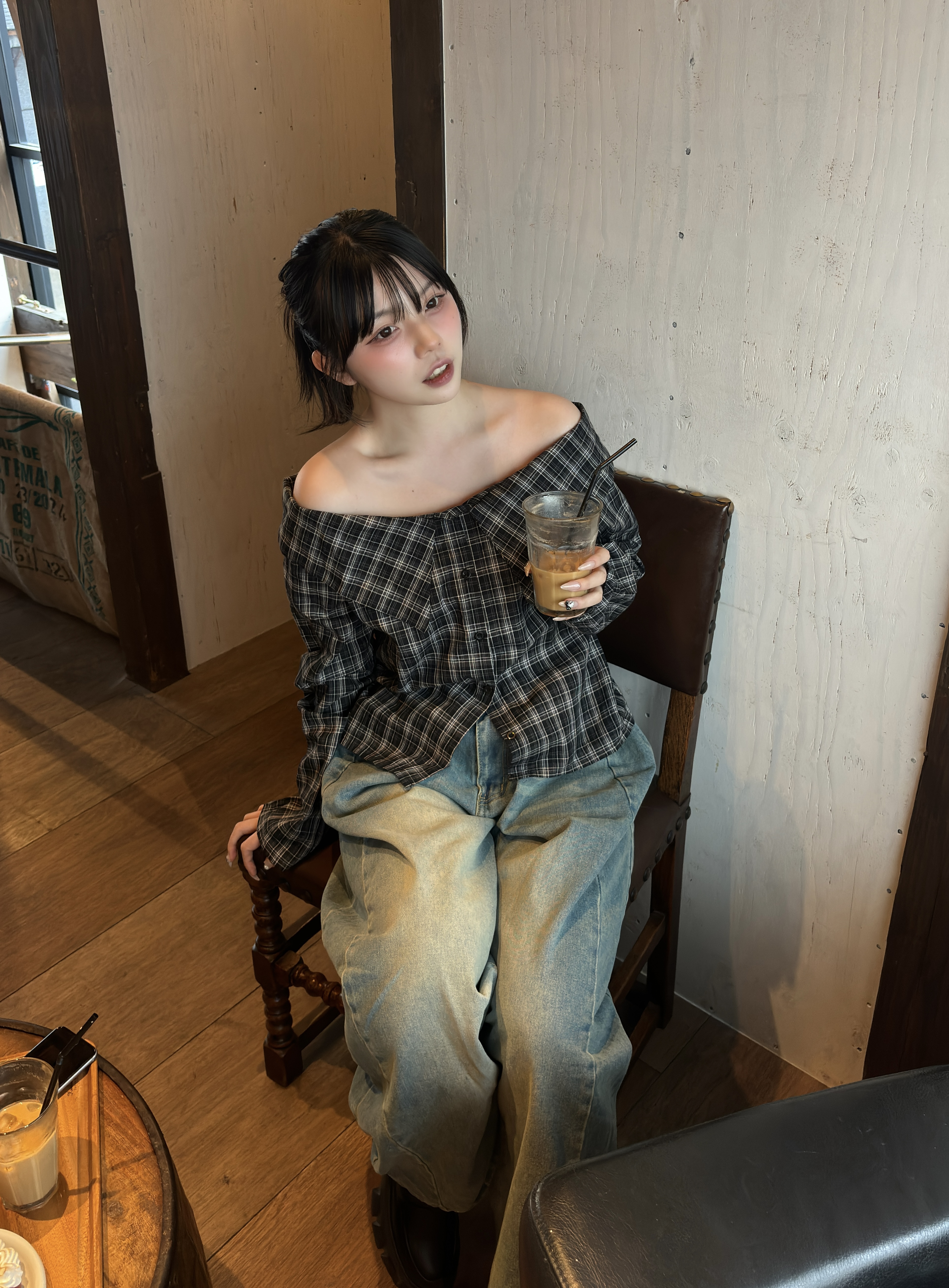 オフショルダーチェックシャツワンピース チェックオフショルダーシャツワンピース[品番：PPNW0000545