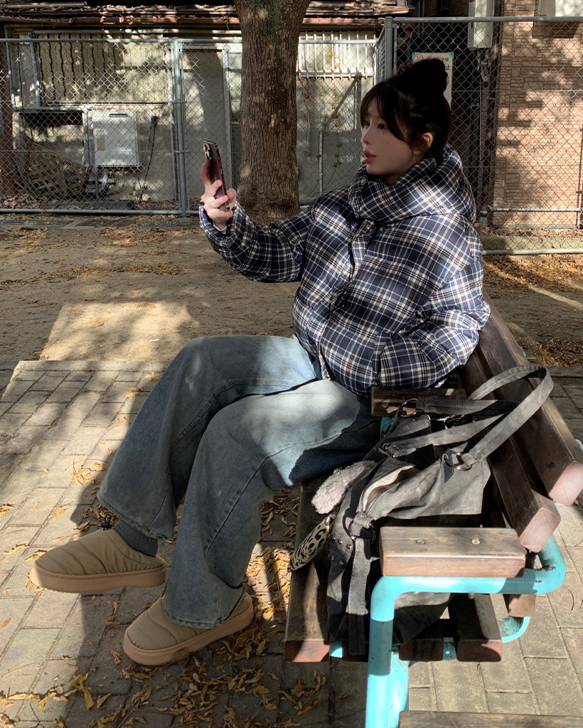 チェックフードパディングジャンパー