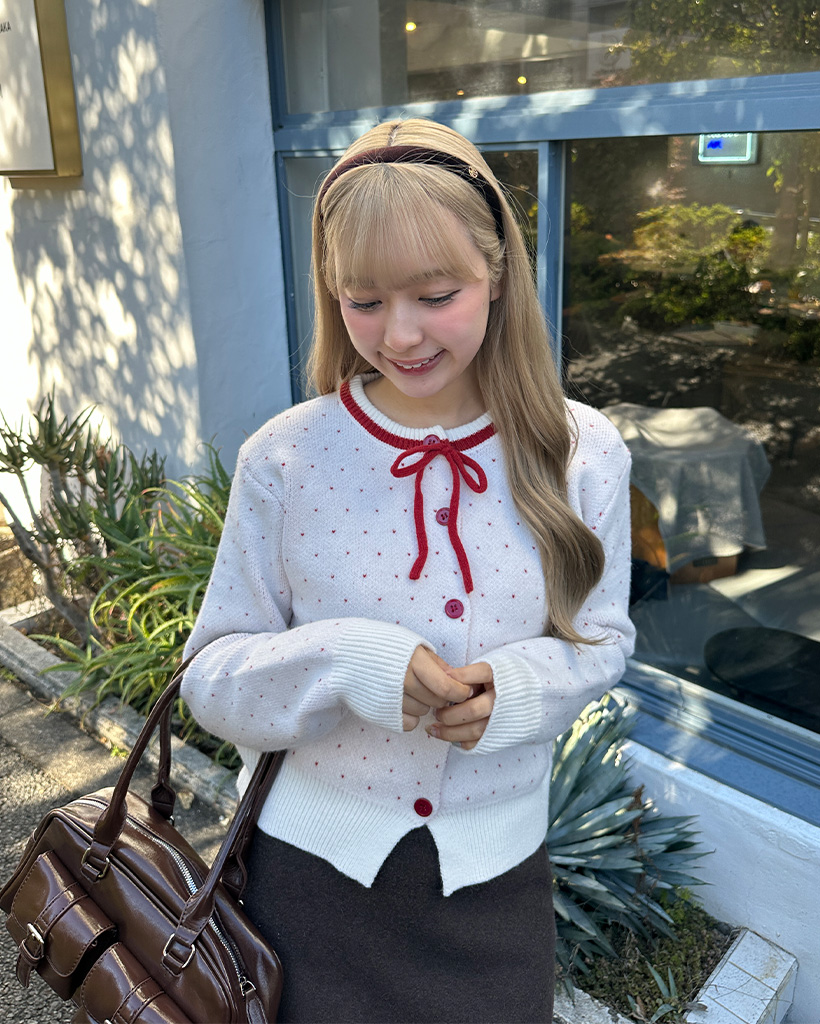 ドットリボンストリングニットカーディガン