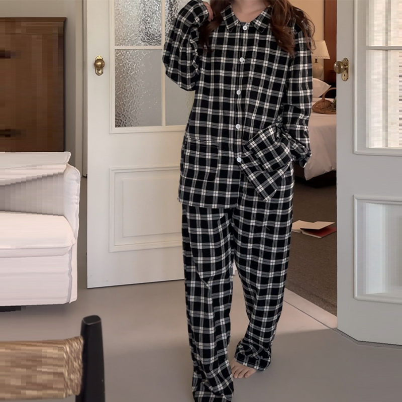 [2color]ピーチ起毛チェック長袖パジャマセット