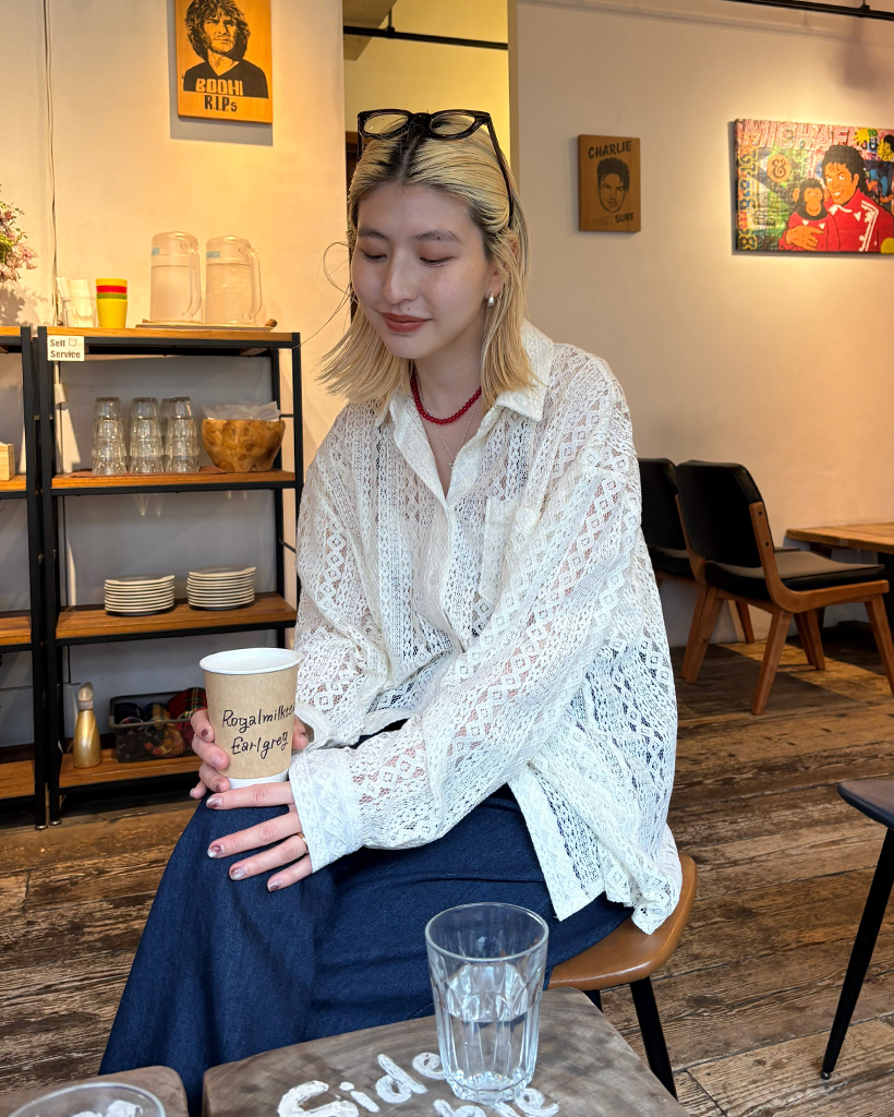 レースストライプワンポケットシャツ