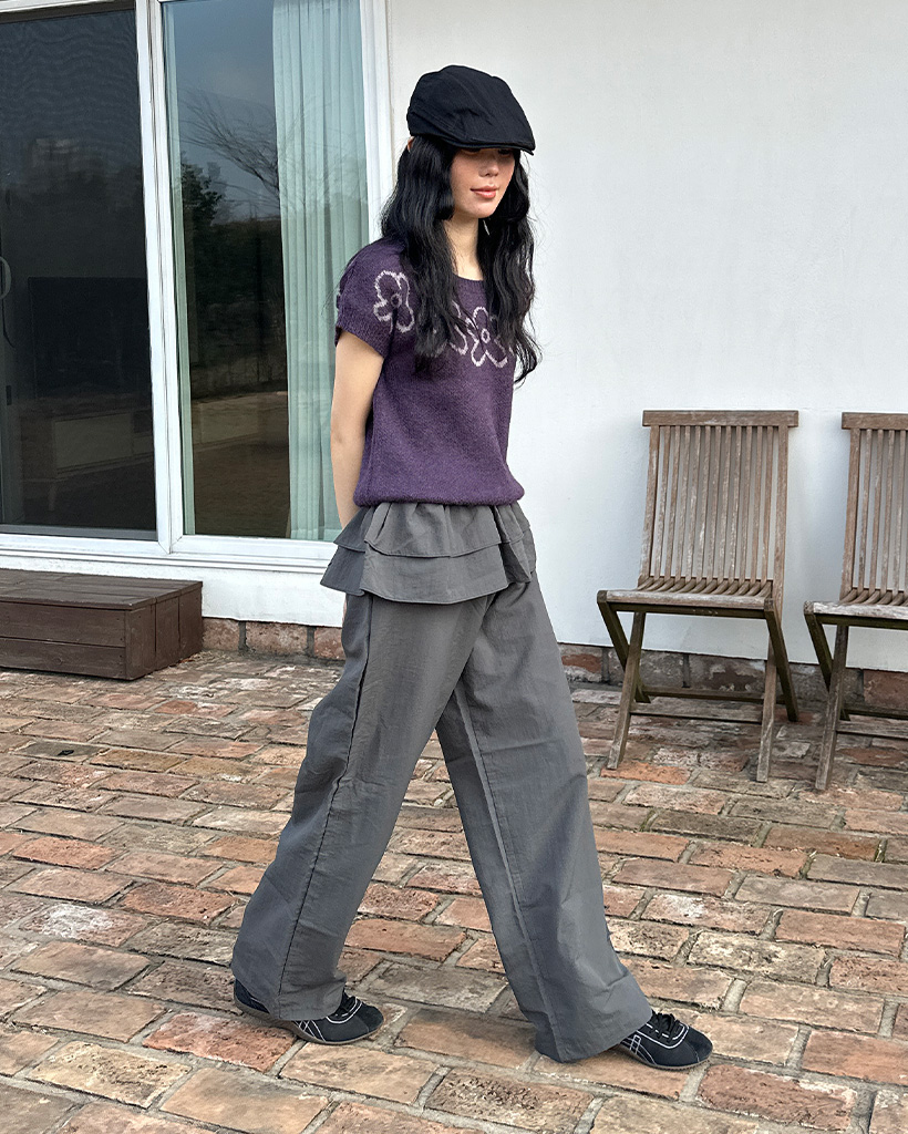 【GRANCY】ボタンレイヤードデザインナイロンパンツS グレー　再販なし GRANCY】Button Layered Design Nylon Pants / ボタンレイヤード