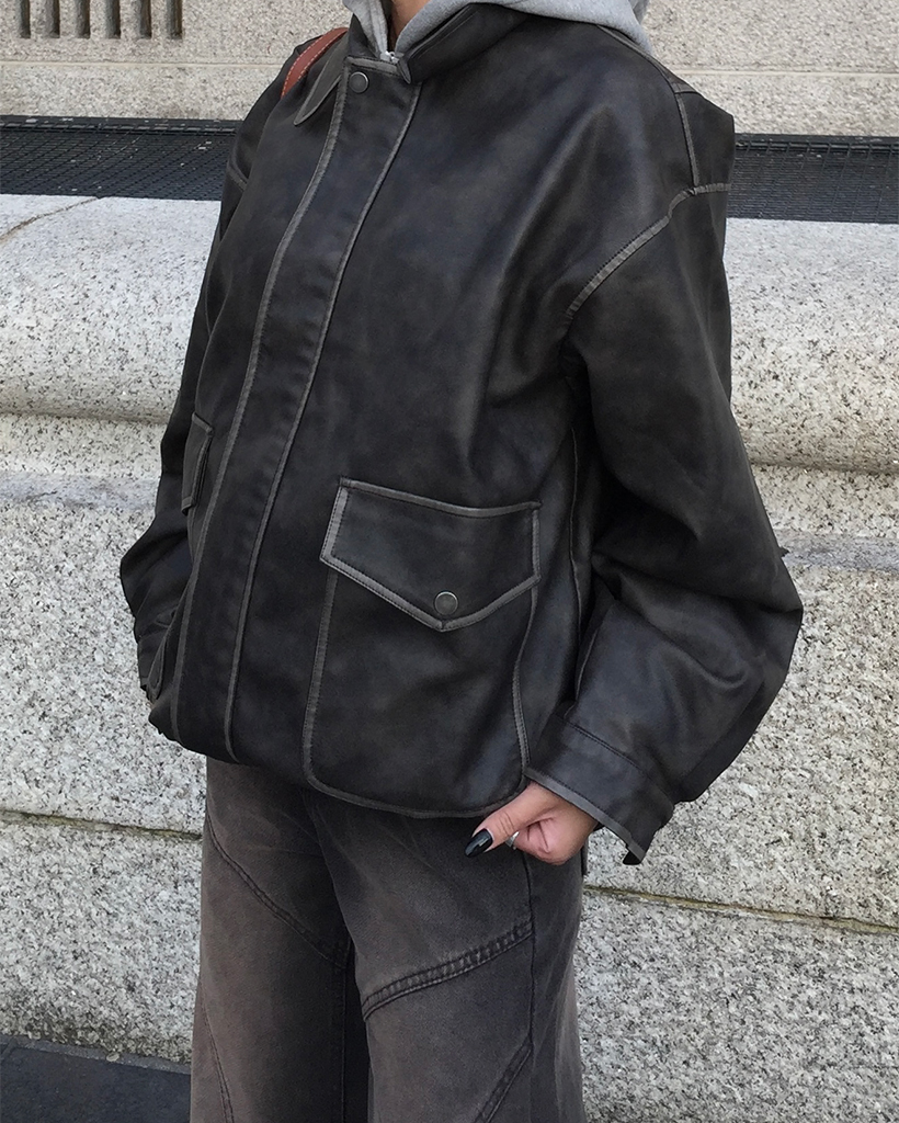 ビンテージウォッシュフラップポケットレザーブルゾン | ファッション