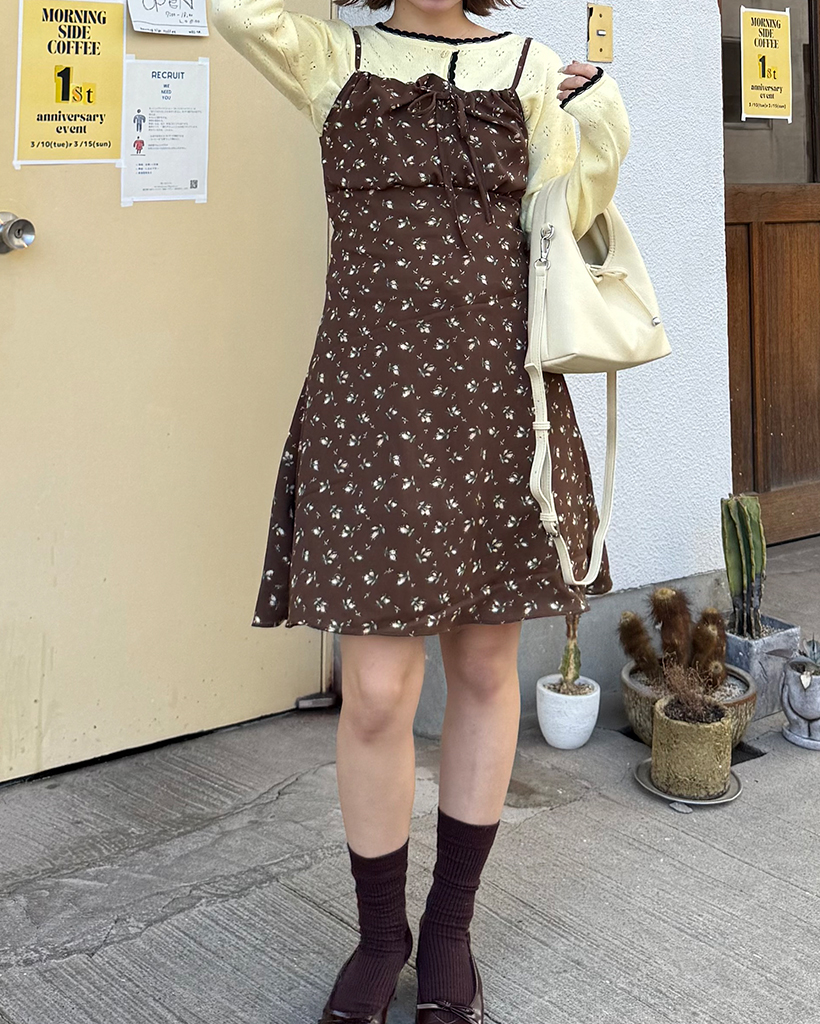リボンネックフラワーキャミミニワンピース