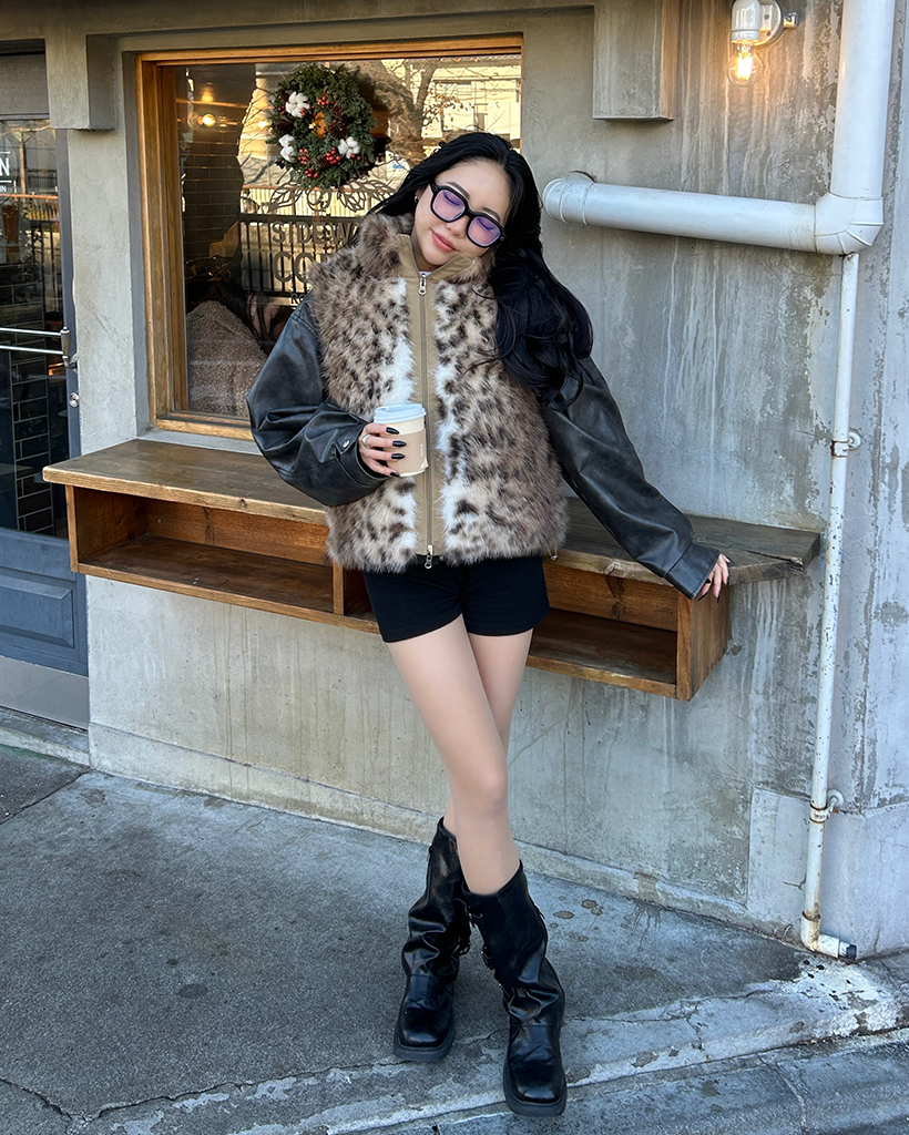 レオパードファーハイネックリバーシブルダブルジップベスト