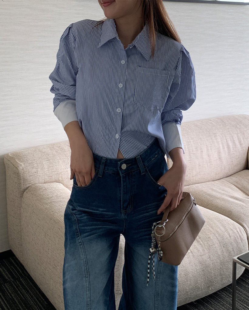 ボーダーバイカラークロップドシャツ