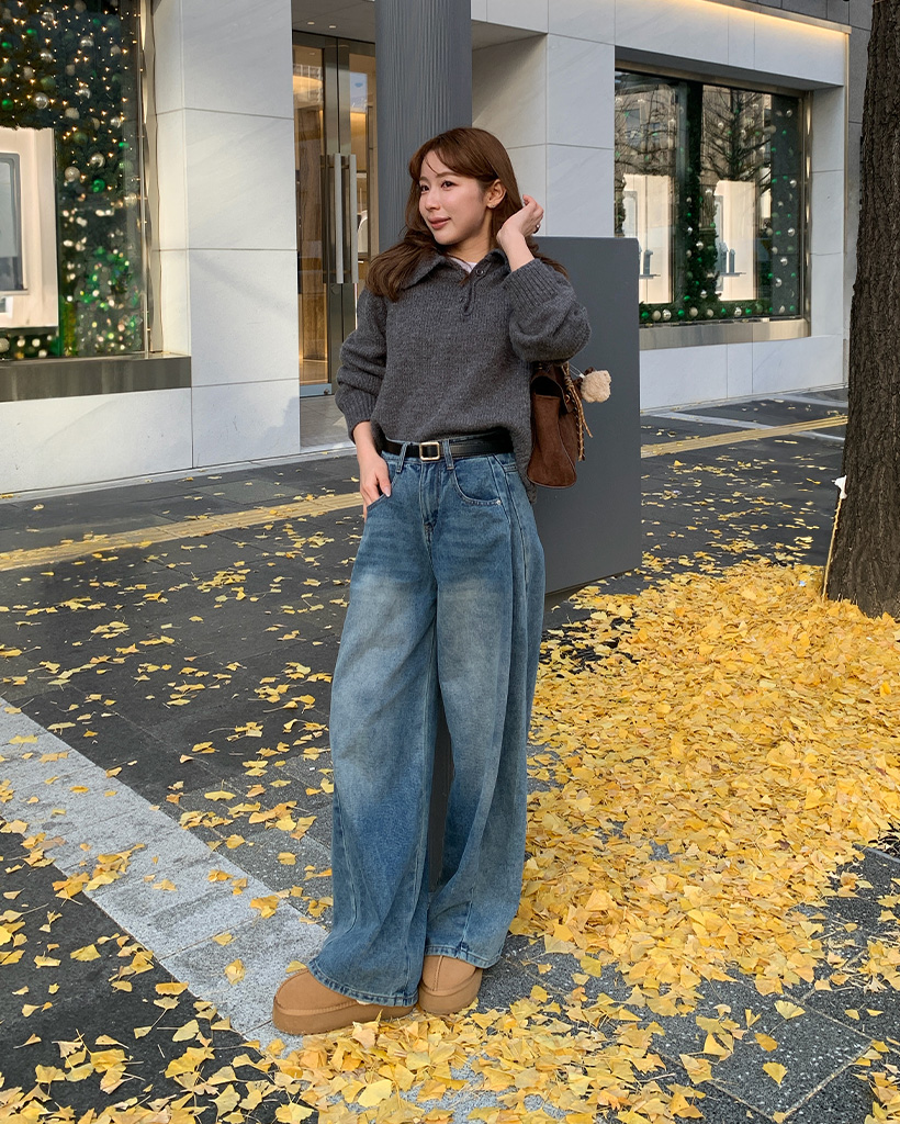 スリットデニムワイドパンツ