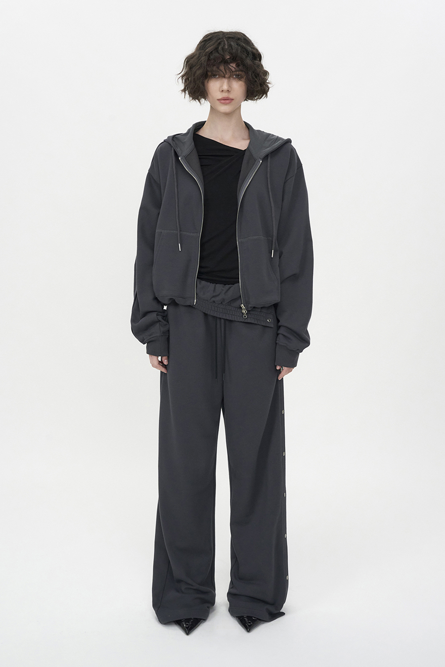 Snap Detail Hooded Zip-Up CHARCOAL