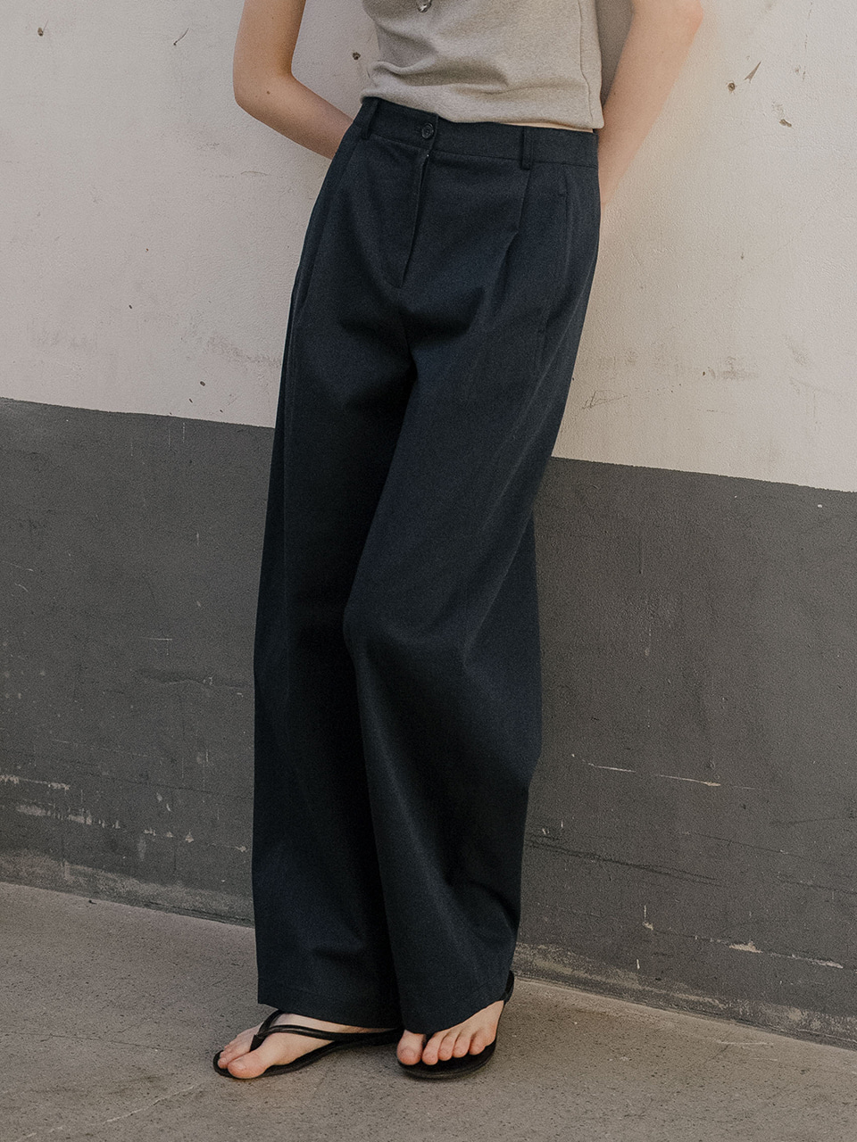 Pintuck curve wide pants [TISP06PT02]_Navy