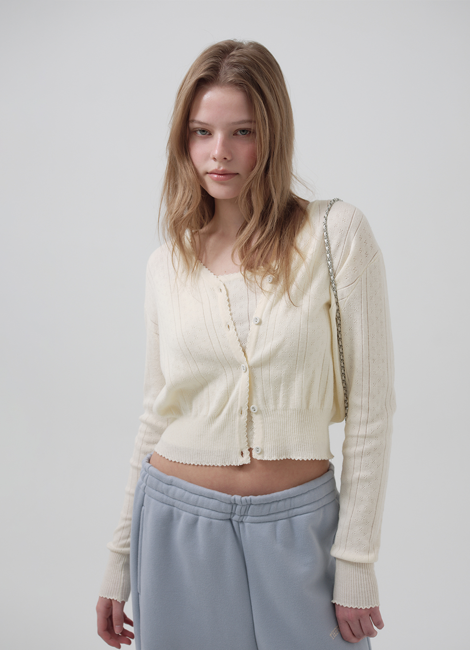 Cotton Eyelet Knit Cardigan Ensemble With Sleeveless Top_Ivory