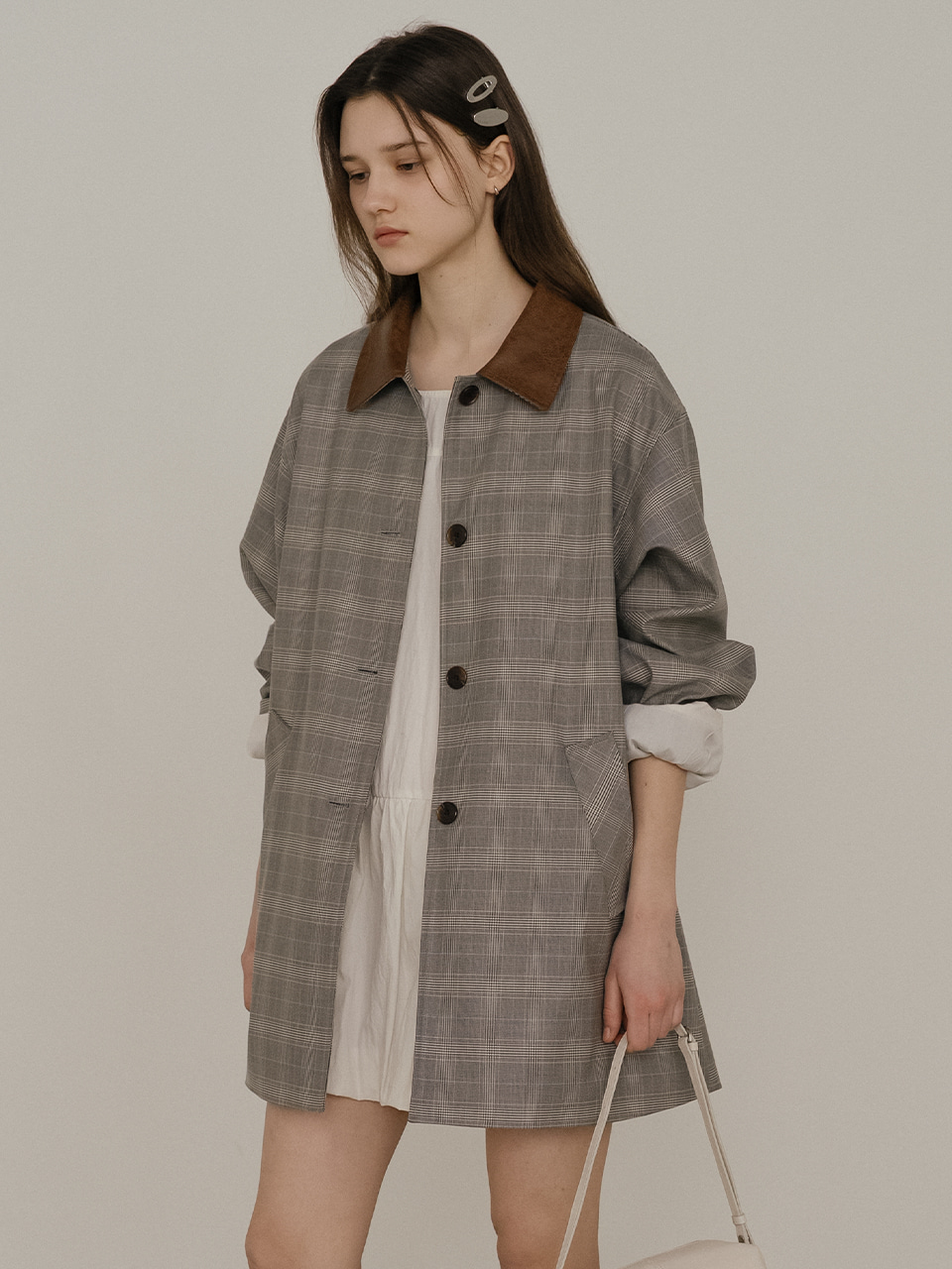 Leather point check trench coat [TISP05CT03]_Gray