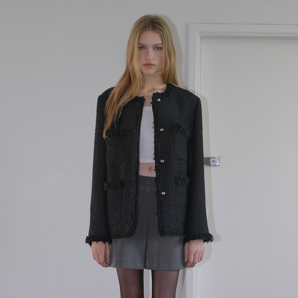 Fringe Pocket Tweed Jacket, Black