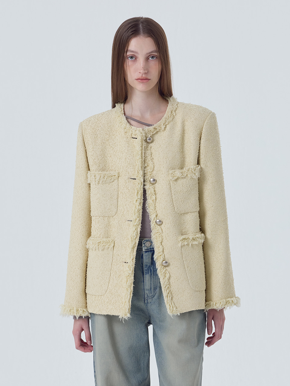 Fringe Pocket Tweed Jacket, Cream Yellow