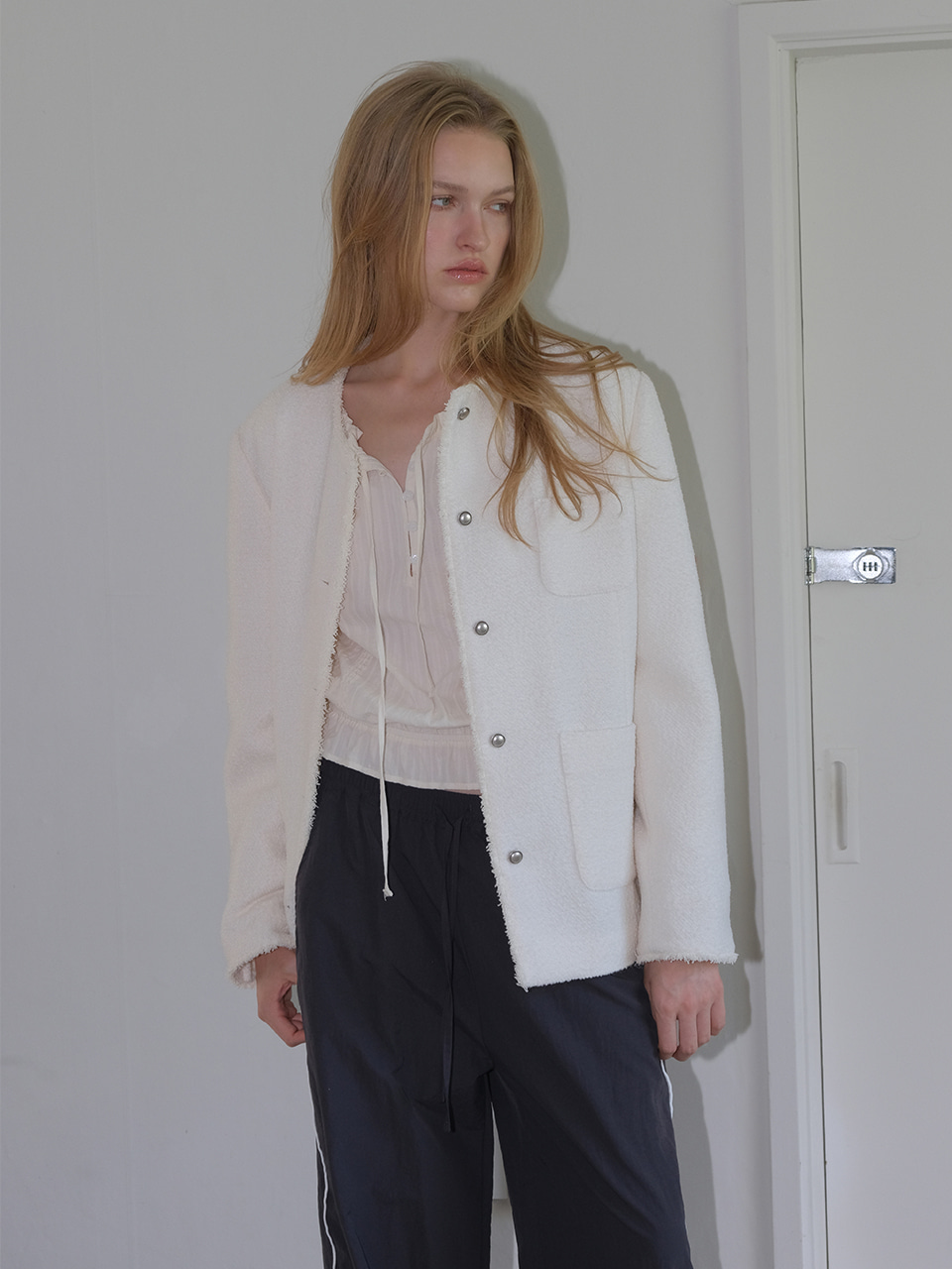 Round Fringe Tweed Jacket, Ivory