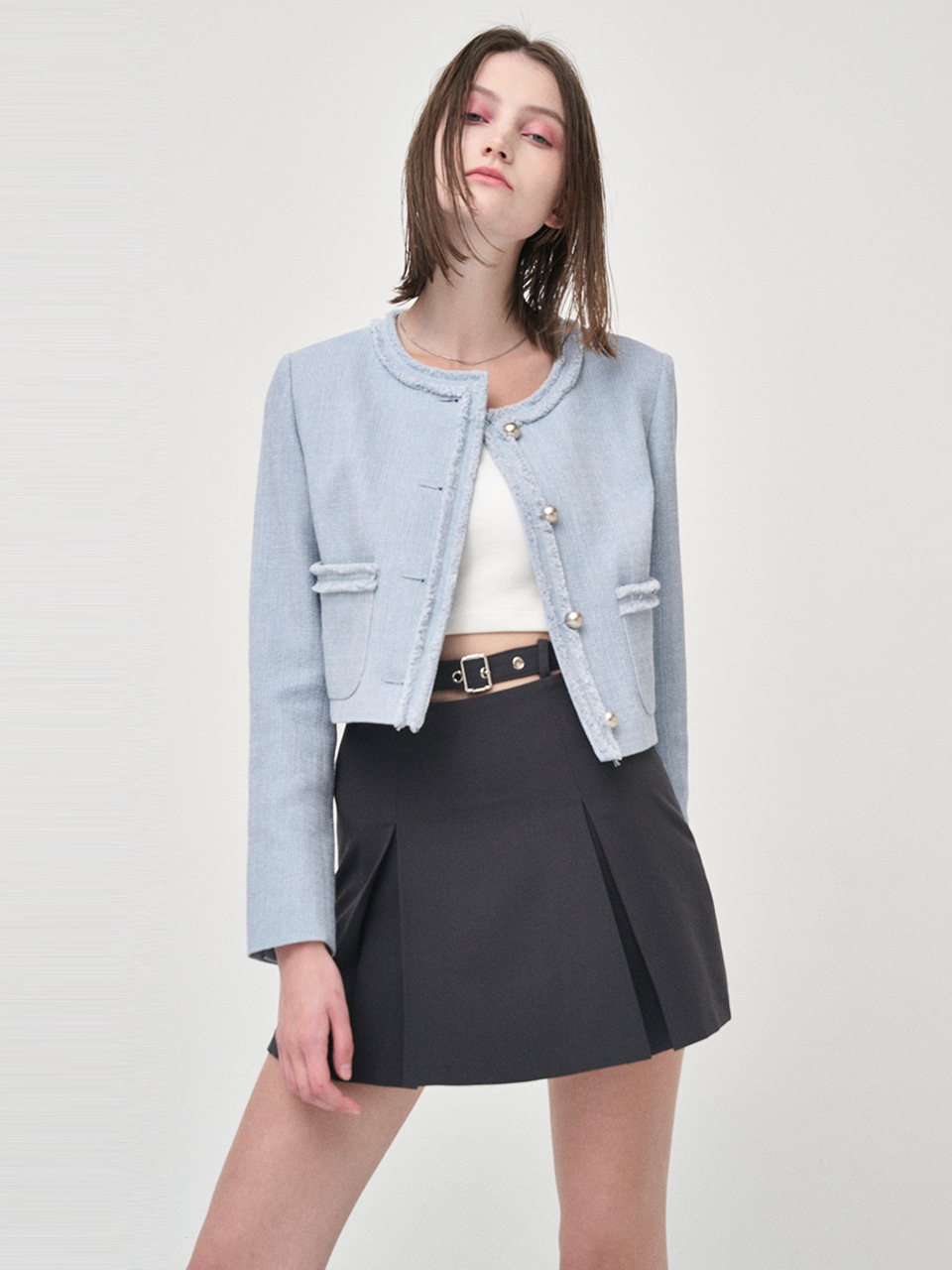 Fringe Detail Tweed Jacket, Sky Blue