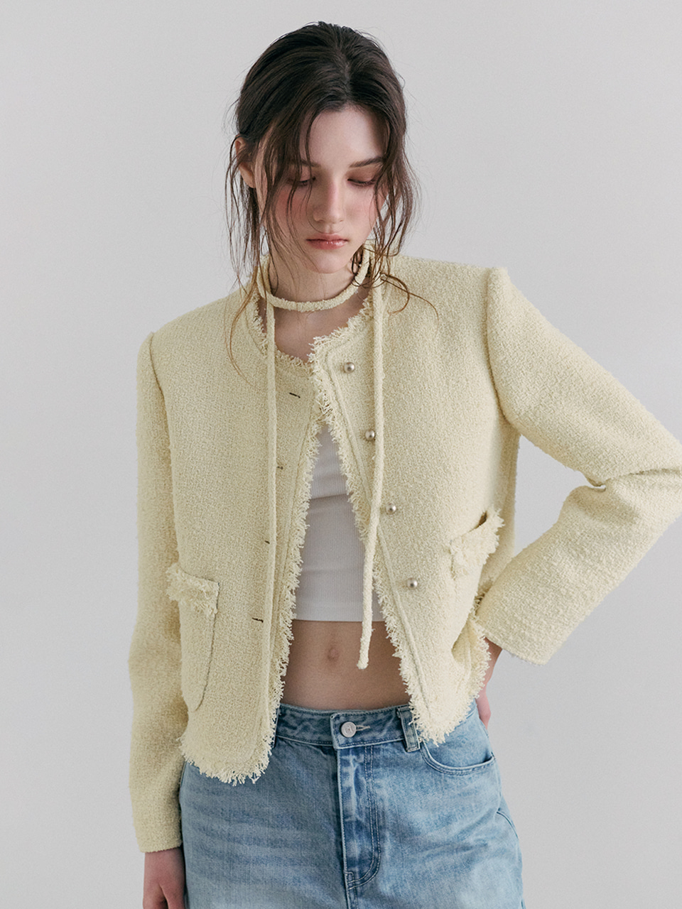 Fringe Strap Tweed Jacket, Light Yellow
